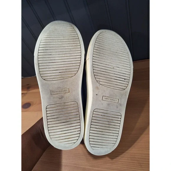 Tory Sport Ruffle Sneakers Navy Blue Leather Low Top Trainers 39506 Womens 7M - Picture 6 of 8